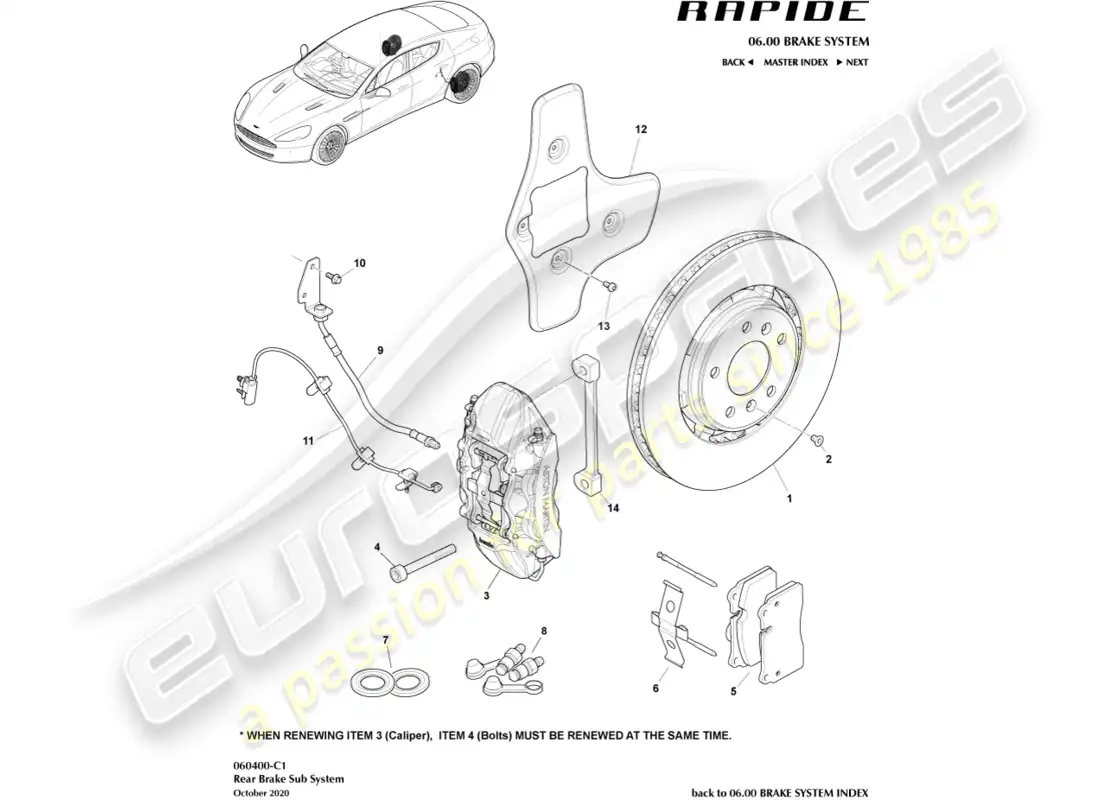 aston martin rapide (2016) sistema de freno trasero diagrama de piezas