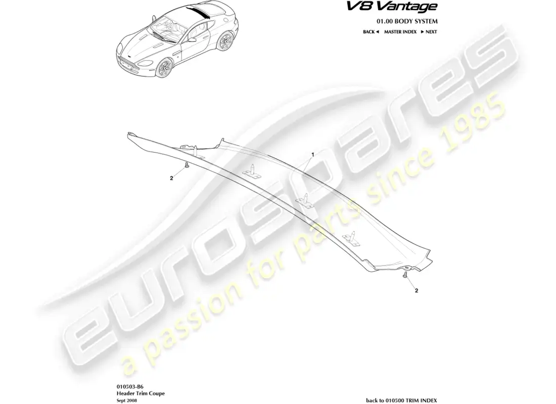 aston martin v8 vantage (2008) embellecedor del cabezal, trasero, diagrama de piezas del cupé