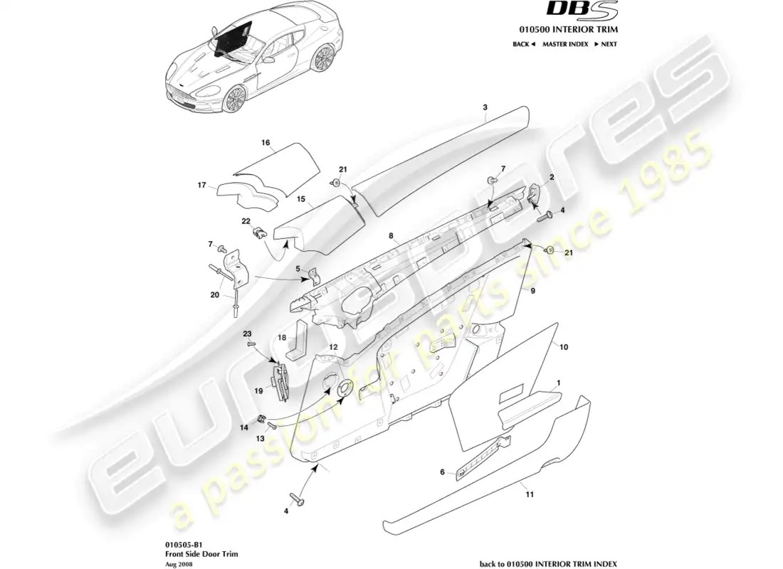 aston martin dbs (2007) revestimiento de las puertas diagrama de piezas