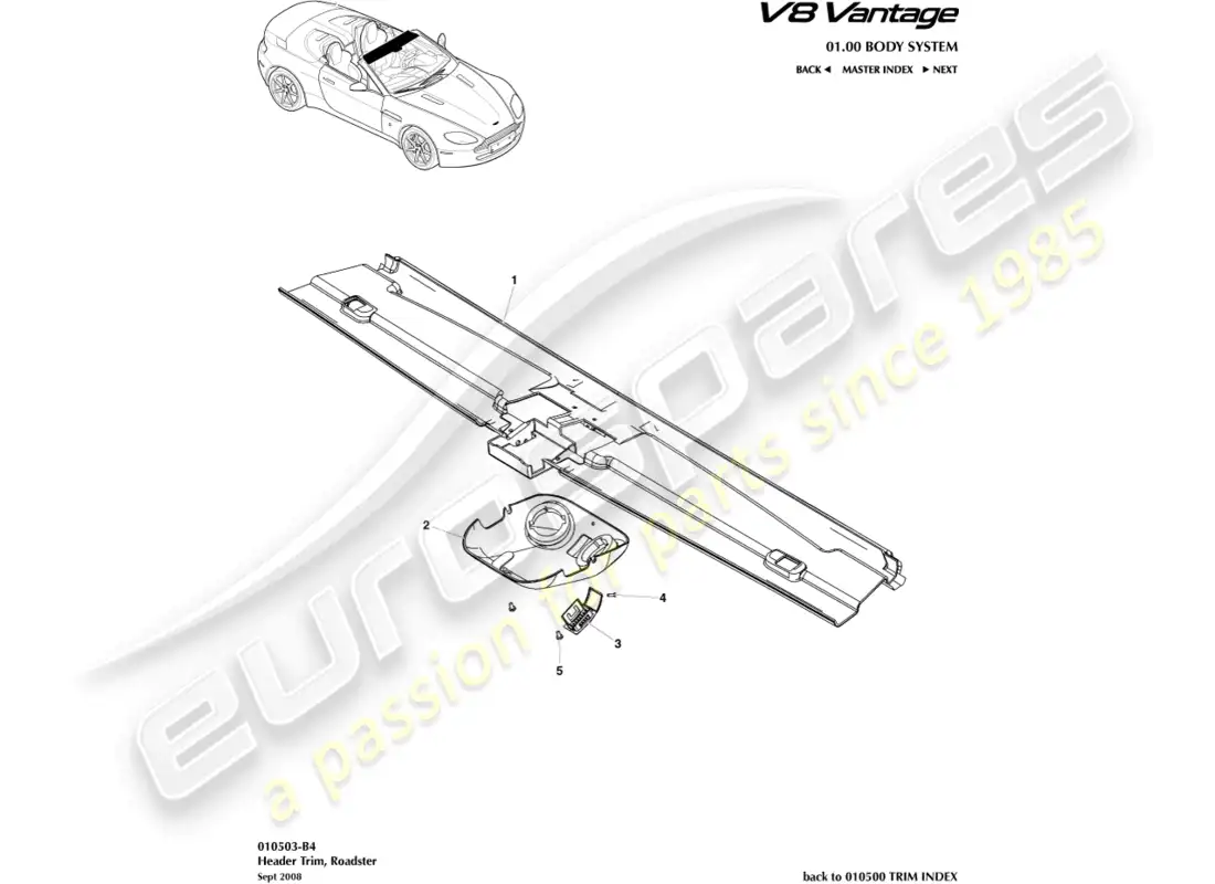 aston martin v8 vantage (2008) adorno de cabecera, diagrama de piezas del roadster