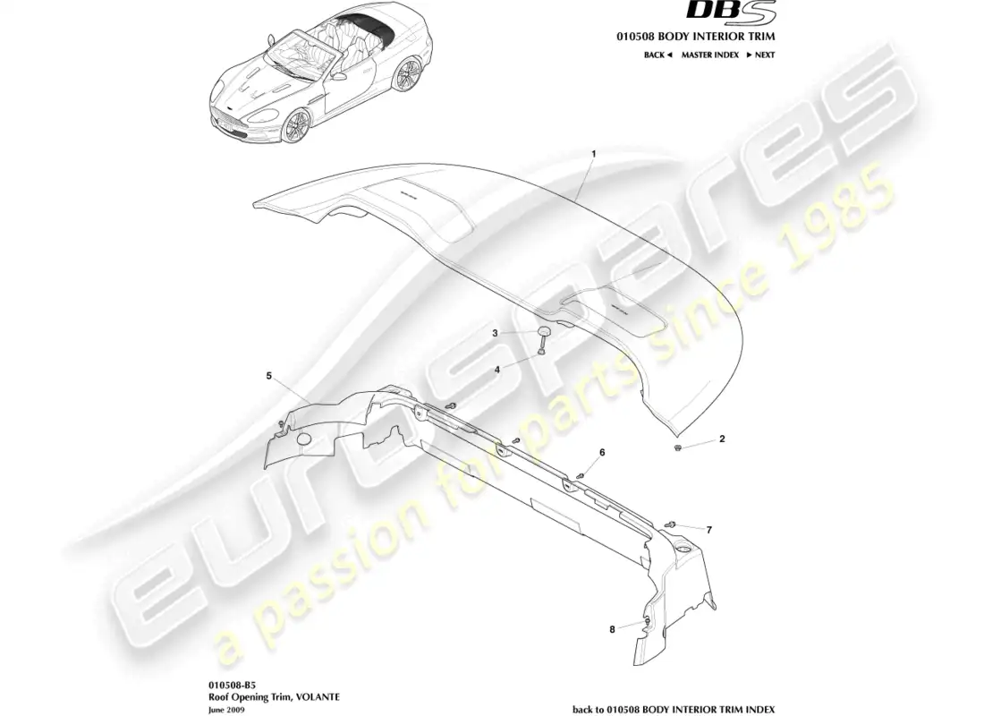 aston martin dbs (2014) moldura de apertura del techo diagrama de piezas