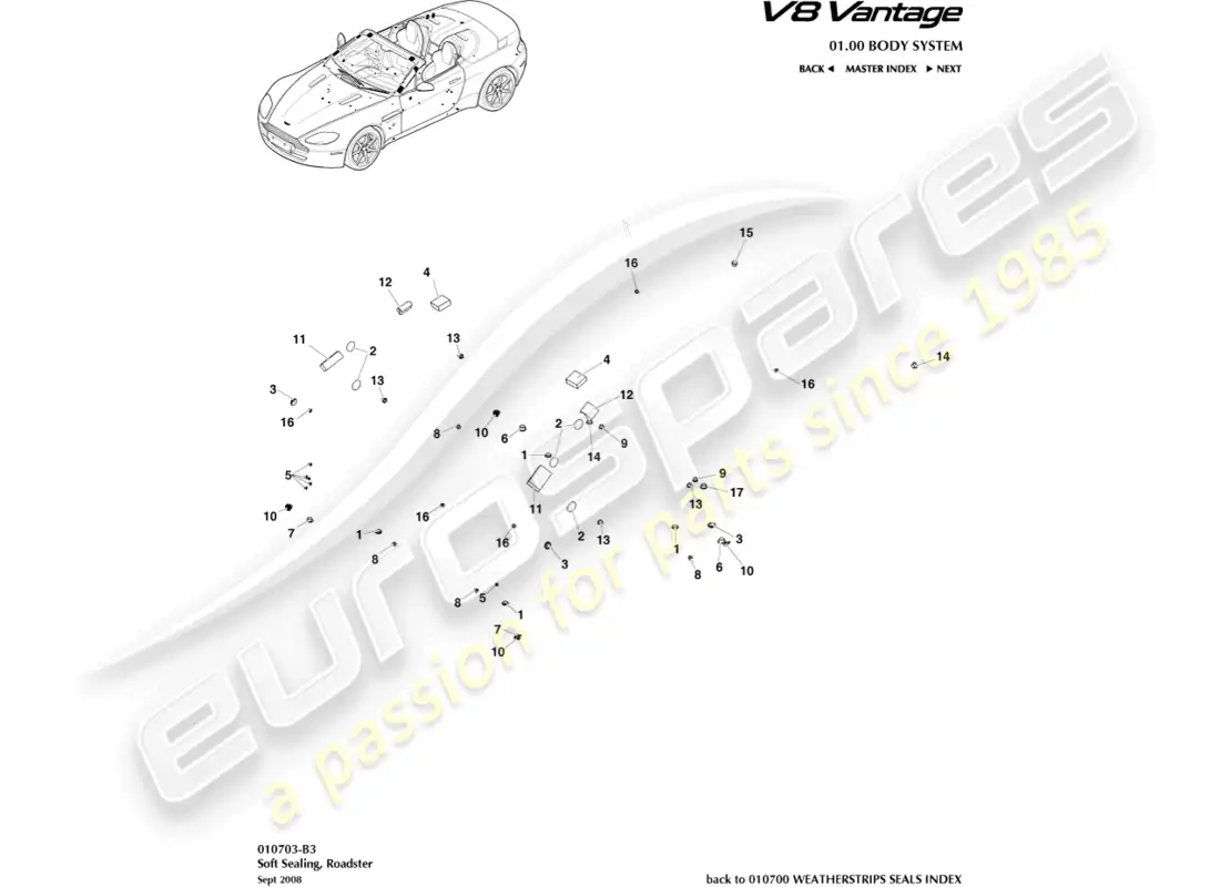 aston martin v8 vantage (2008) sellado blando, diagrama de piezas del roadster