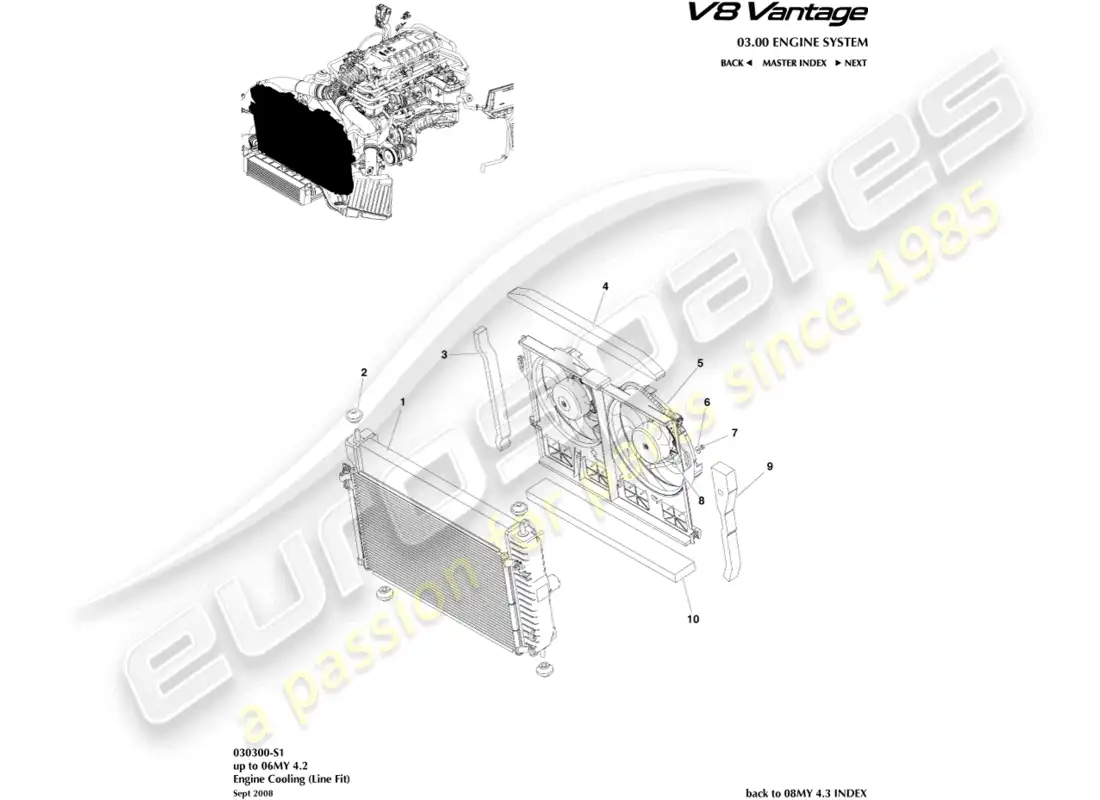 aston martin v8 vantage (2008) diagrama de piezas de refrigeración del motor (ajuste de línea)