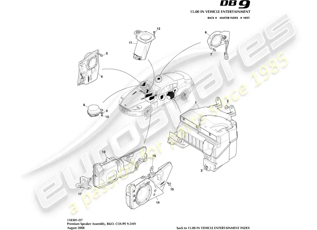aston martin db9 (2012) diagrama de piezas del altavoz, premium y cupé