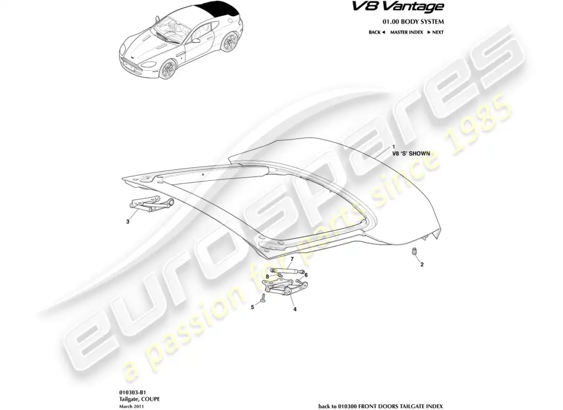 aston martin v8 vantage (2008) diagrama de piezas del portón trasero y cupé