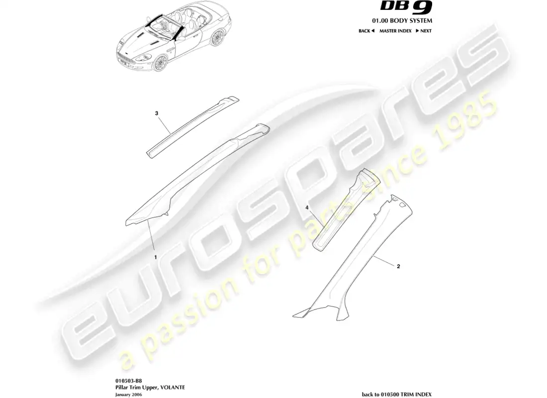 aston martin db9 (2012) adorno de pilar, superior, diagrama de pieza volante