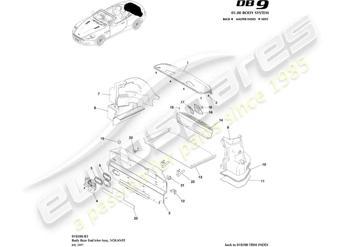 aston martin db9 (2012) embellecedor trasero, diagrama de pieza volante