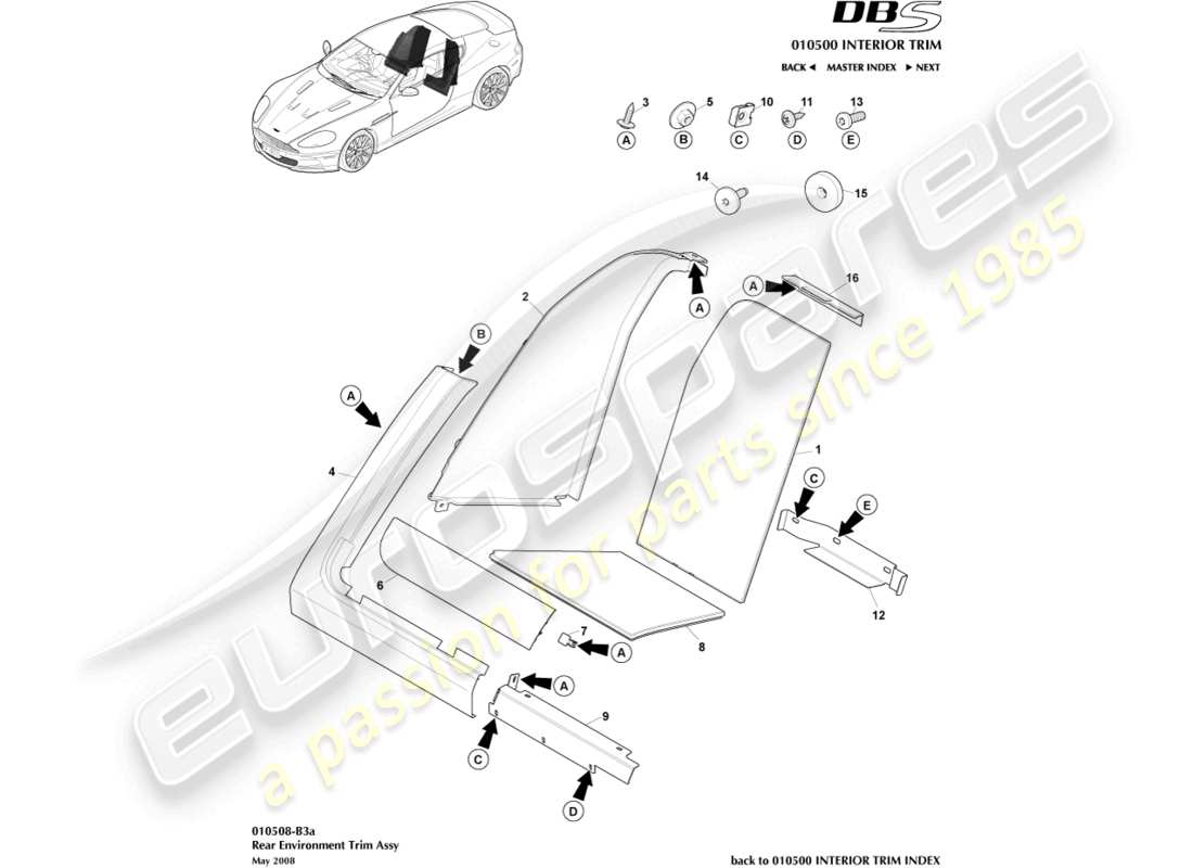 aston martin dbs (2010) ajuste del entorno trasero diagrama de piezas