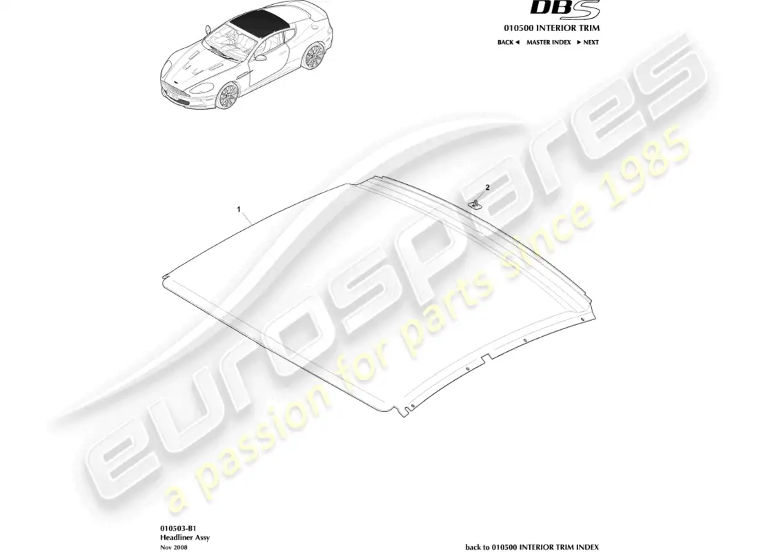 aston martin dbs (2010) conjunto de techo interior diagrama de piezas