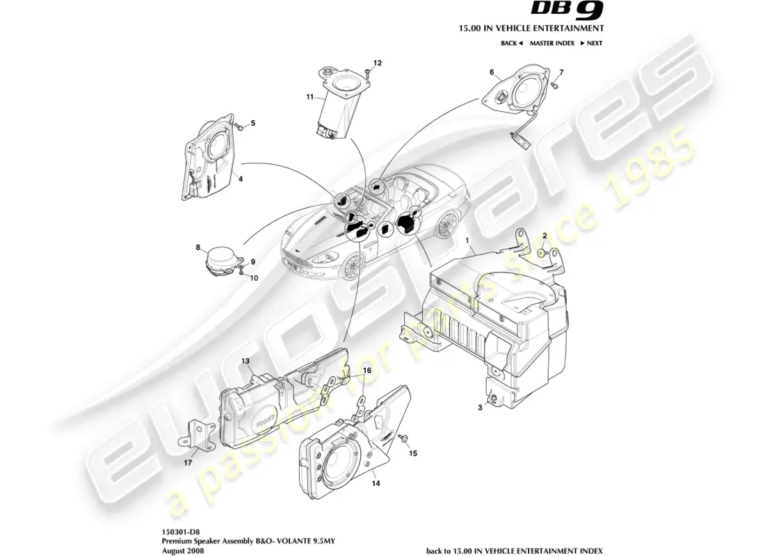 aston martin db9 (2012) altavoz, premium, diagrama de piezas de volante