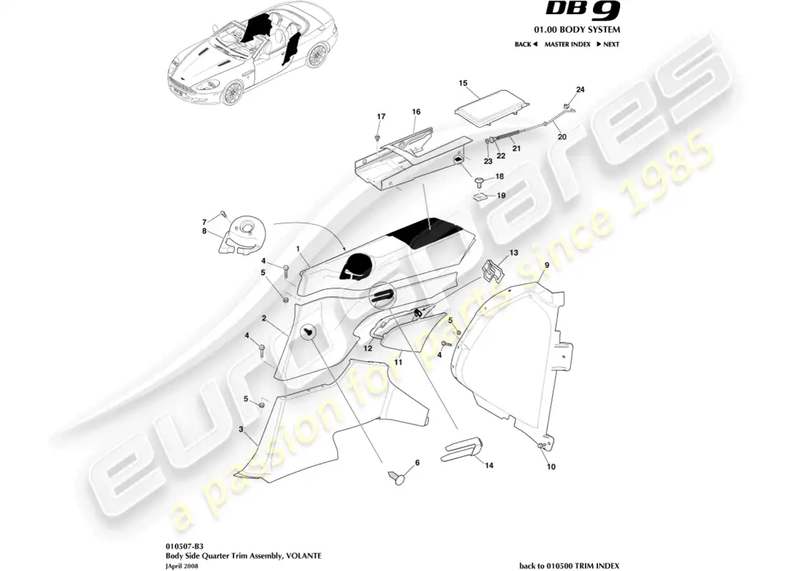 aston martin db9 (2012) guarnecido lateral de la carrocería, diagrama de piezas de volante
