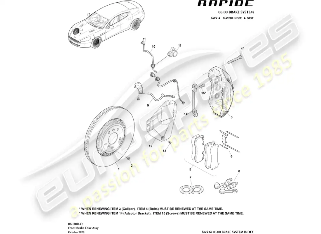 aston martin rapide (2016) sistema de freno delantero diagrama de piezas