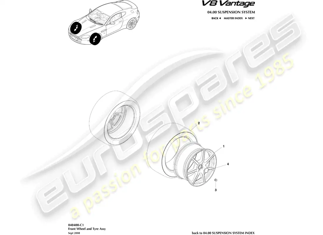 aston martin v8 vantage (2008) ruedas y neumáticos delanteros, a 09my diagrama de piezas