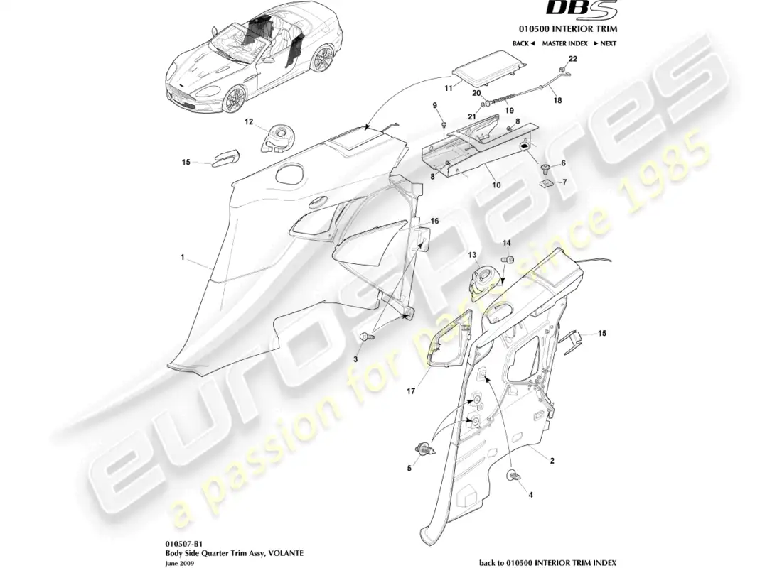 aston martin dbs (2007) body side quarter trim, volante diagrama de piezas