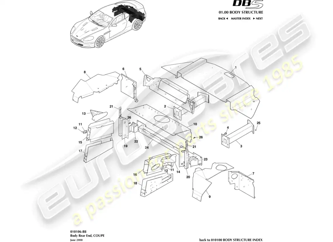aston martin dbs (2007) parte trasera de la carrocería, coupé diagrama de piezas