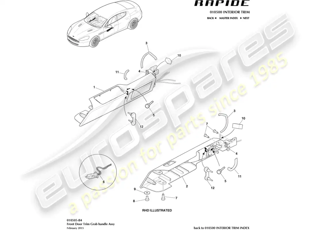 aston martin rapide (2016) manija de la puerta delantera diagrama de piezas