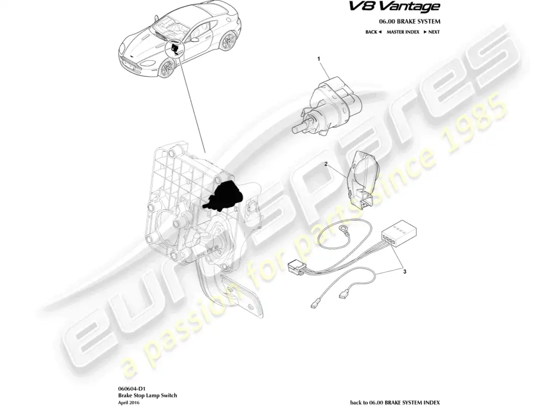 aston martin v8 vantage (2008) diagrama de piezas del interruptor de la lámpara de freno