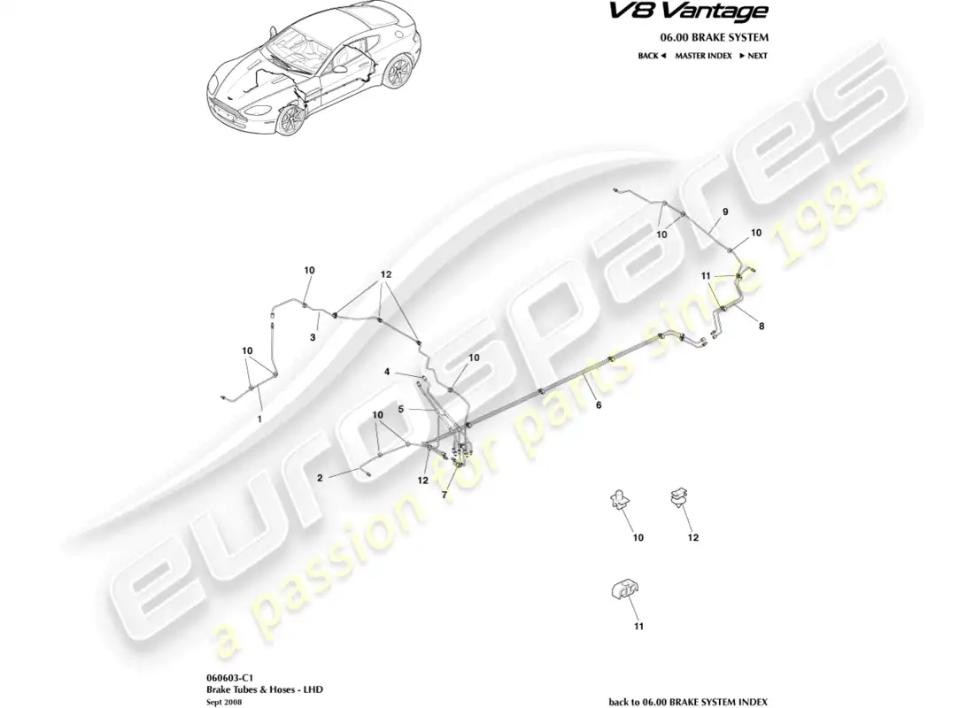 aston martin v8 vantage (2008) líneas y mangueras de freno, diagrama de piezas lhd