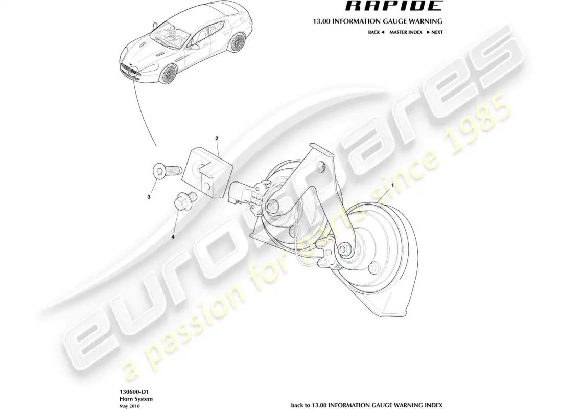 aston martin rapide (2012) bocina de tráfico diagrama de piezas