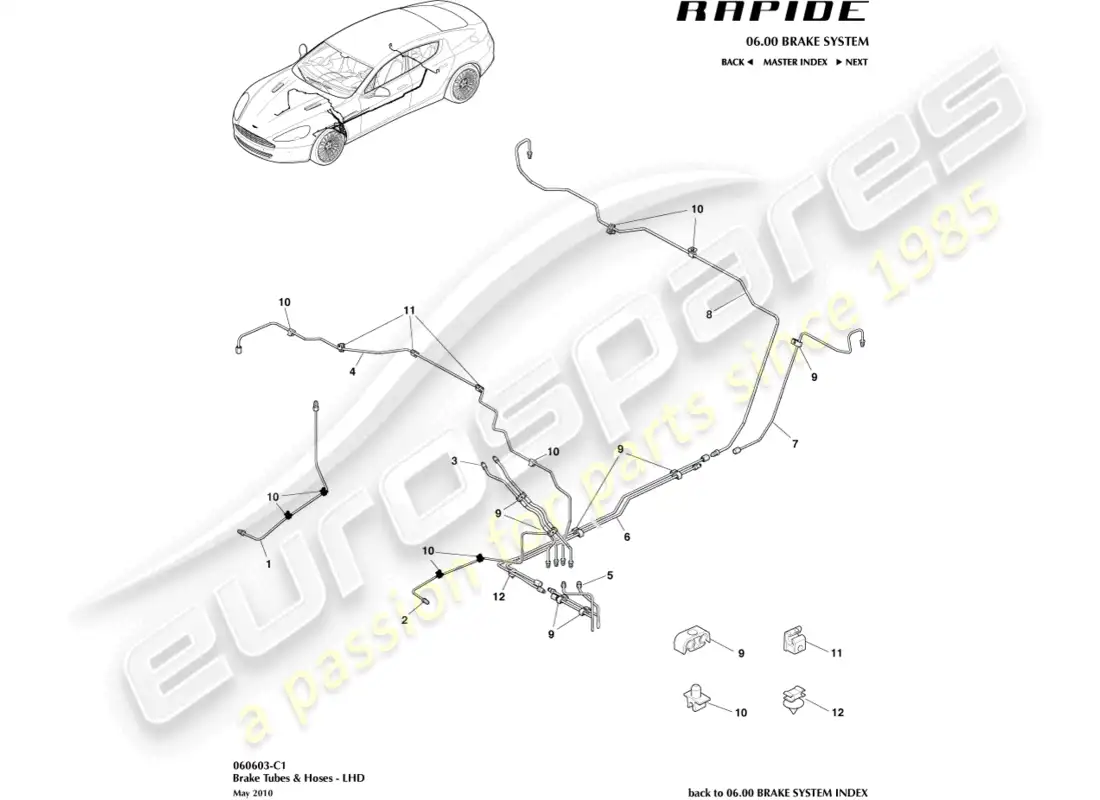 aston martin rapide (2014) líneas y mangueras de freno, lhd diagrama de piezas