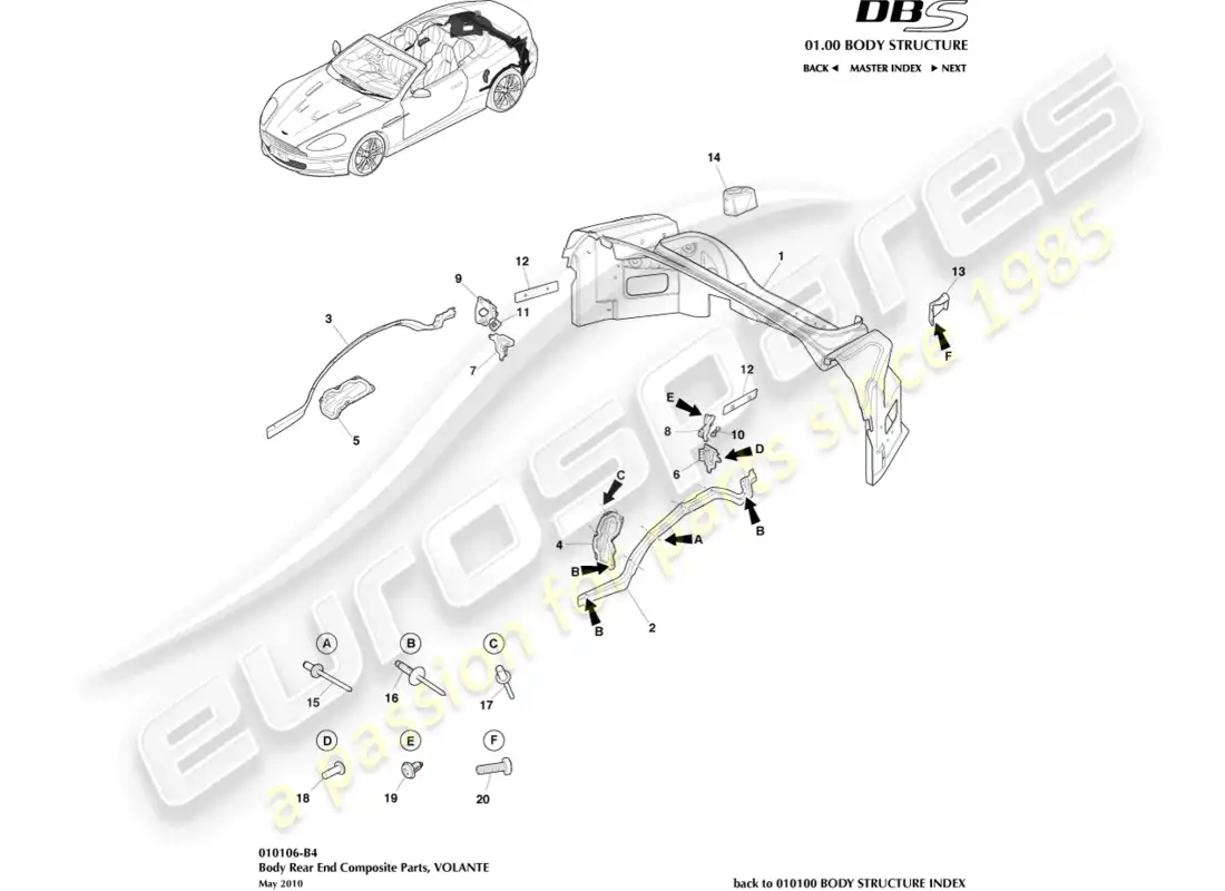 aston martin dbs (2007) carrocería trasera compuesta, volante diagrama de piezas