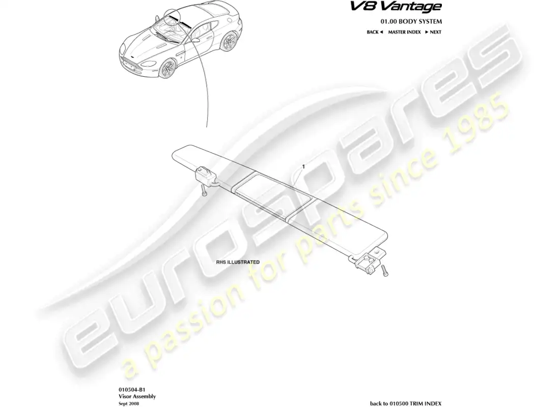 aston martin v8 vantage (2008) diagrama de piezas del parasol