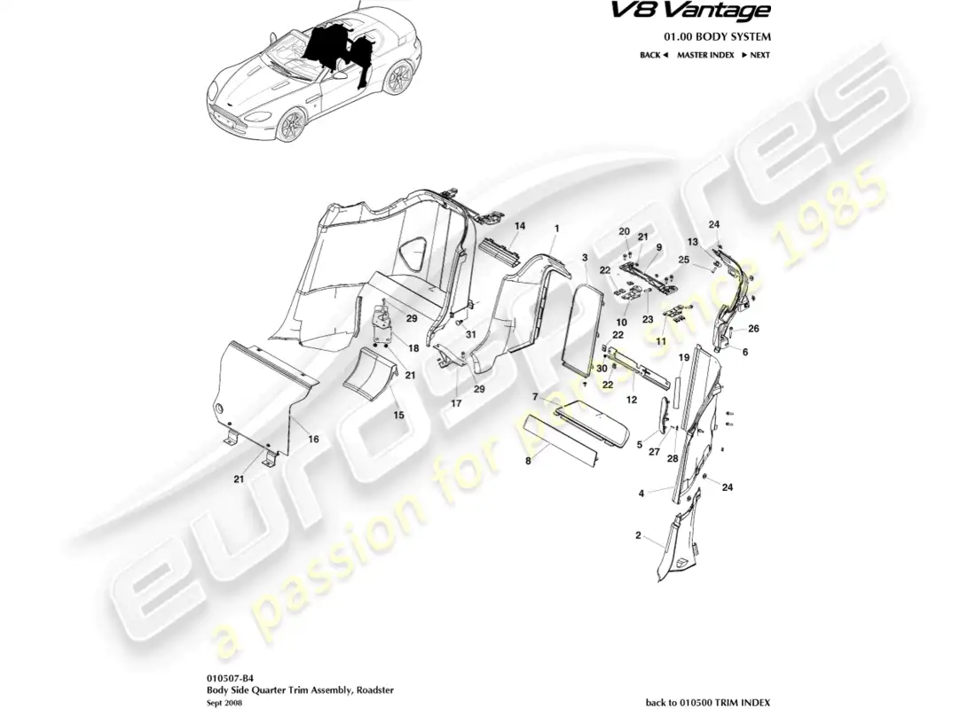 aston martin v8 vantage (2008) guarnecido lateral de la carrocería, diagrama de piezas del roadster