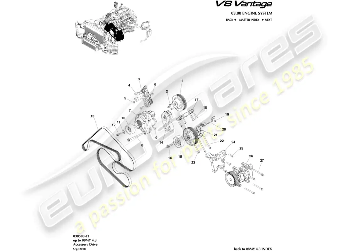 aston martin v8 vantage (2008) diagrama de piezas de transmisión de accesorios
