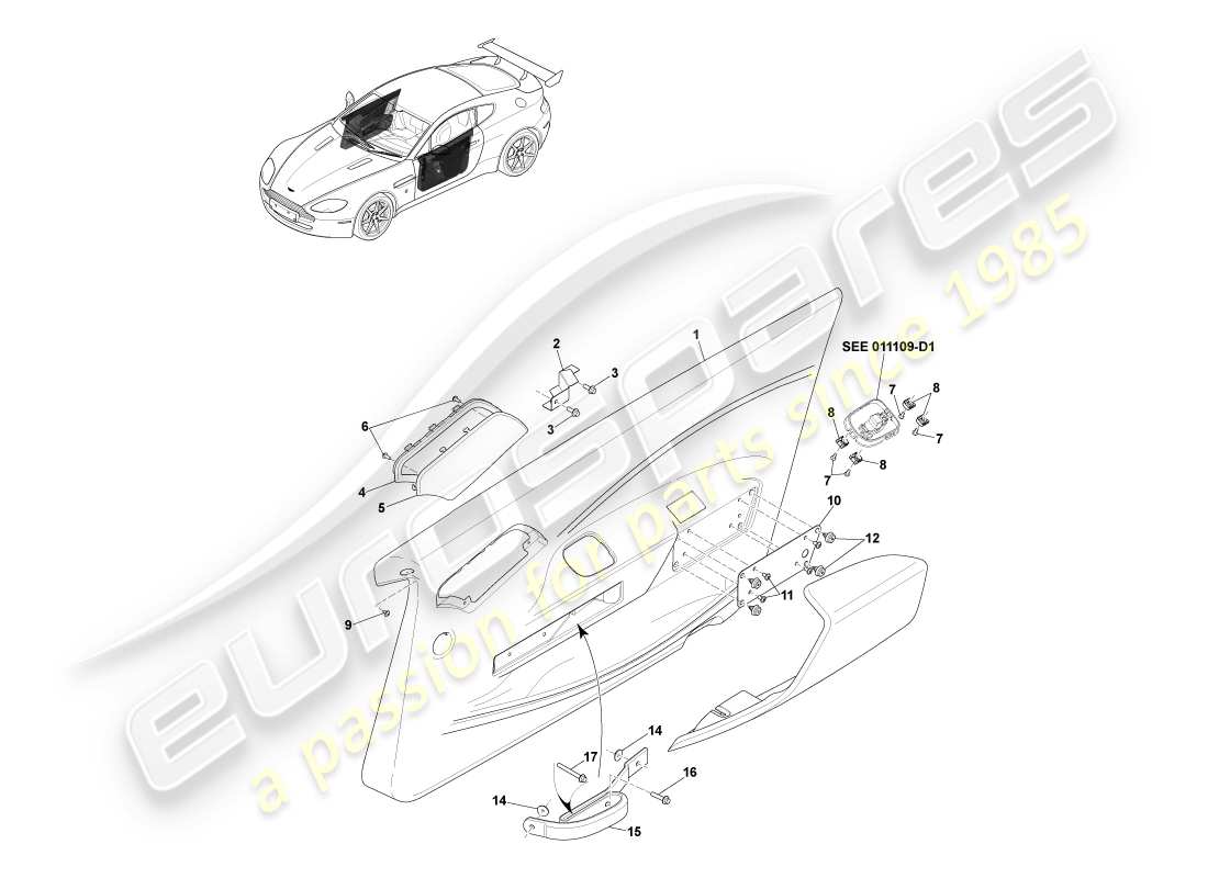 aston martin v8 vantage (2005) adorno de puerta, diagrama de pieza gt8