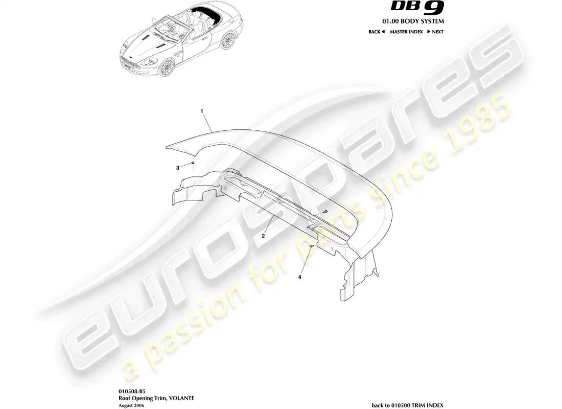 aston martin db9 (2012) diagrama de piezas de moldura de abertura de techo