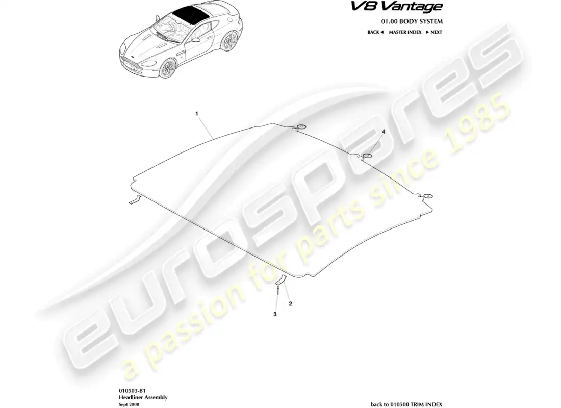 aston martin v8 vantage (2008) diagrama de piezas del conjunto del techo interior
