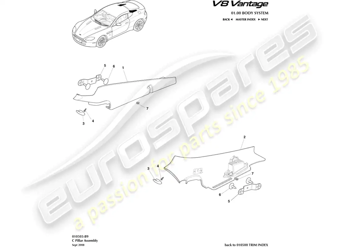 aston martin v8 vantage (2008) diagrama de piezas del conjunto del pilar c