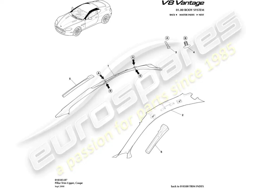 aston martin v8 vantage (2008) guarnición del pilar, superior, diagrama de piezas del cupé
