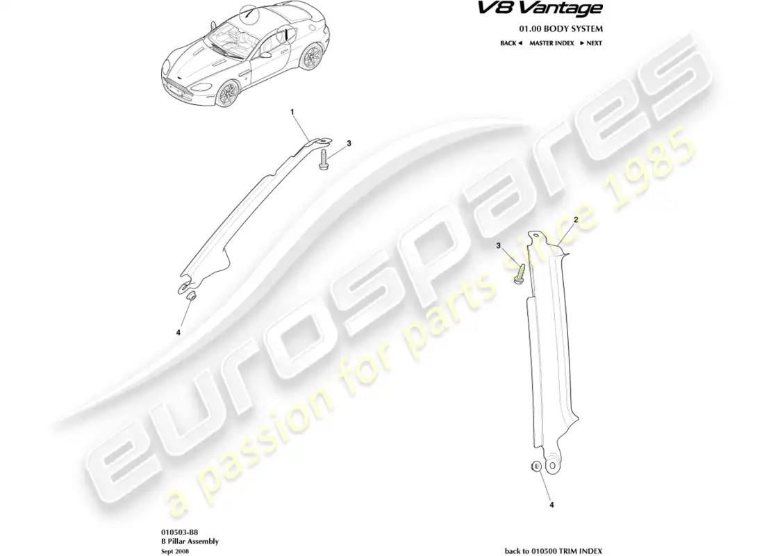 aston martin v8 vantage (2008) diagrama de piezas del conjunto del pilar b