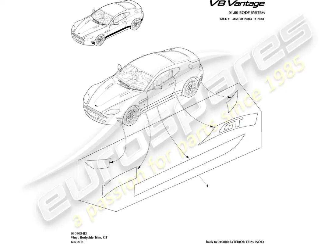 aston martin v8 vantage (2008) moldura lateral de vinilo para la carrocería, diagrama de piezas gt