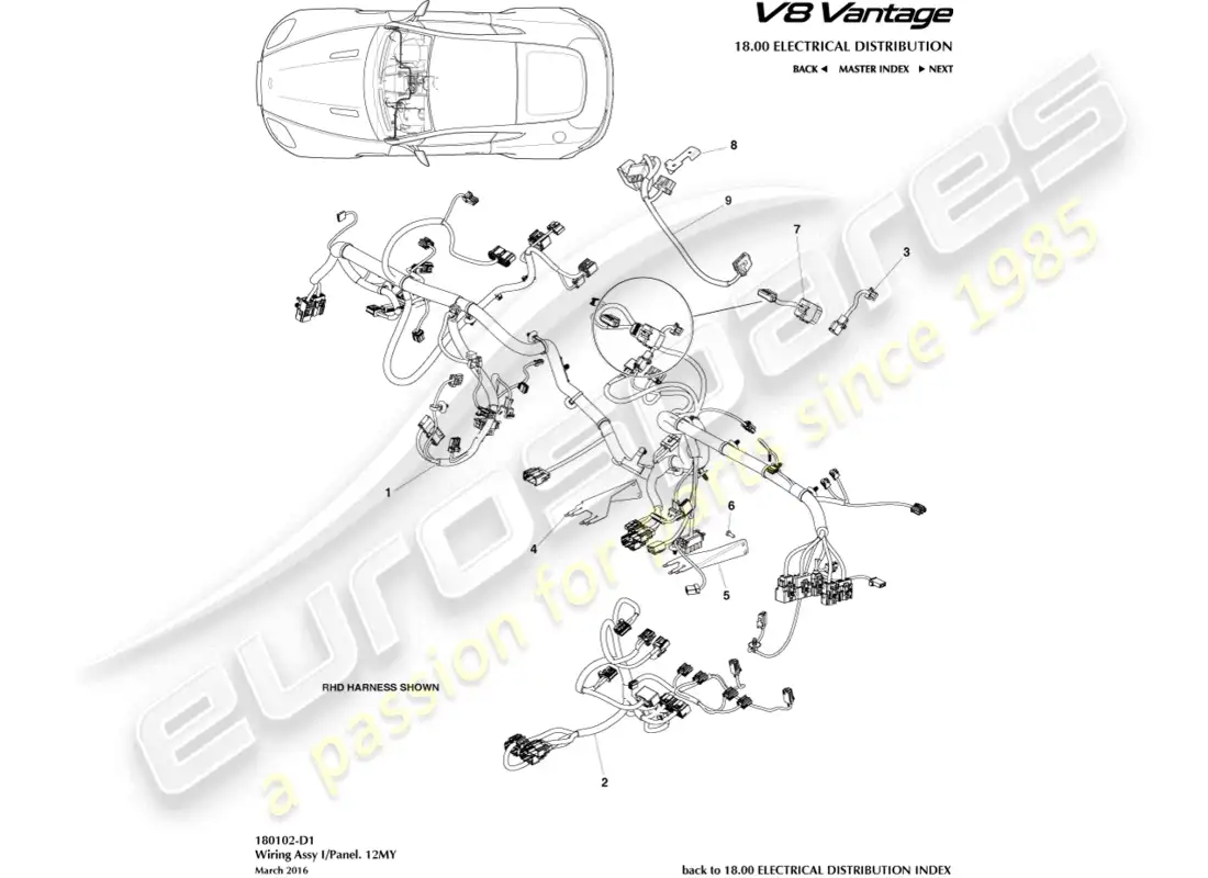 aston martin v8 vantage (2008) arnés ip, diagrama de pieza 12my
