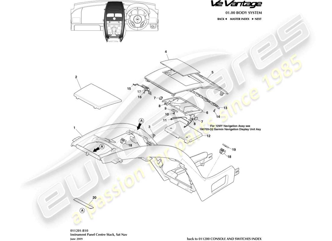 aston martin v12 vantage (2011) consola central con diagrama de piezas de navegación por satélite