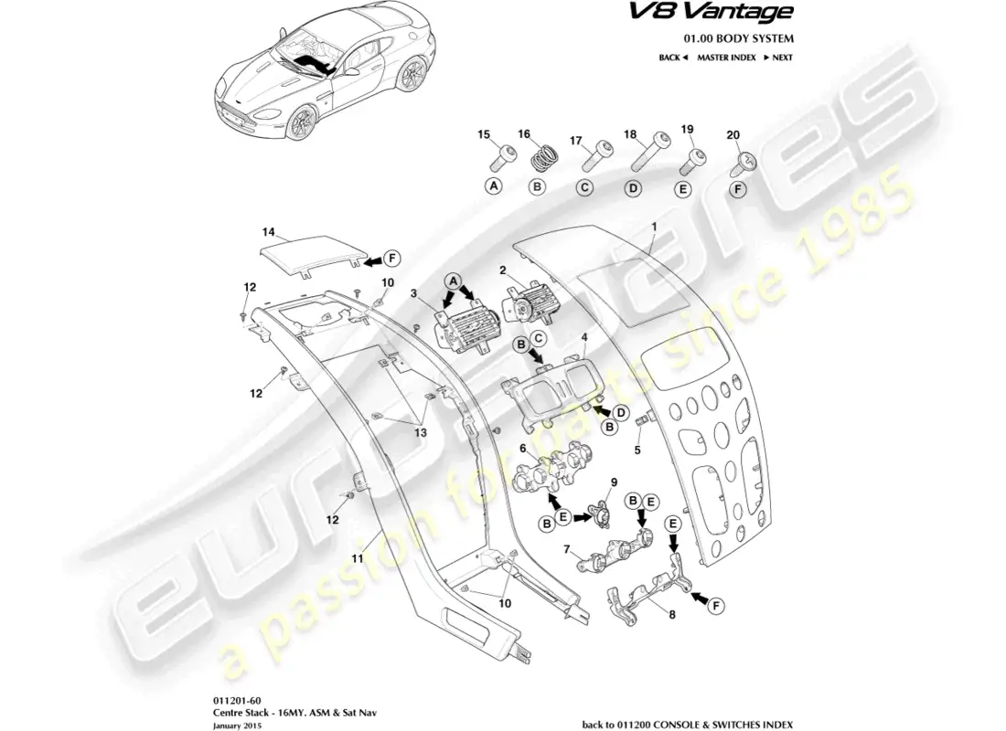 aston martin v8 vantage (2008) columna central, asm, diagrama de piezas 16my