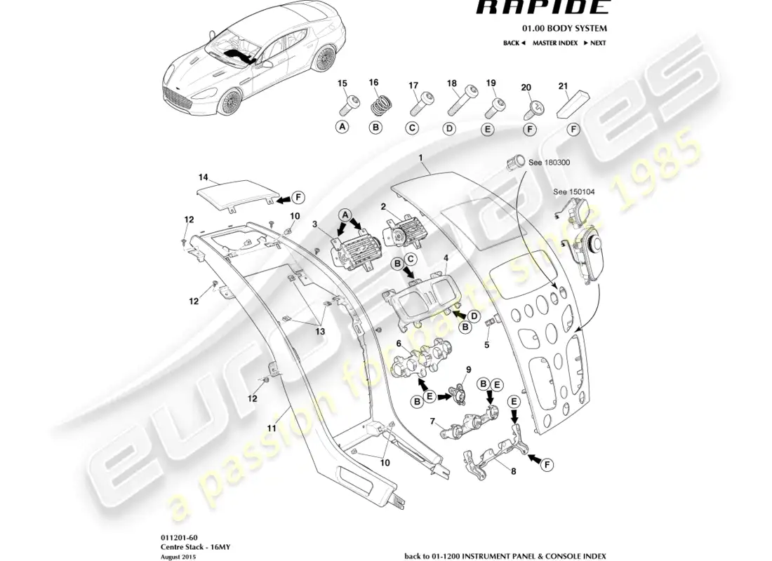 aston martin rapide (2014) panel embellecedor de la consola central, s 16my diagrama de piezas