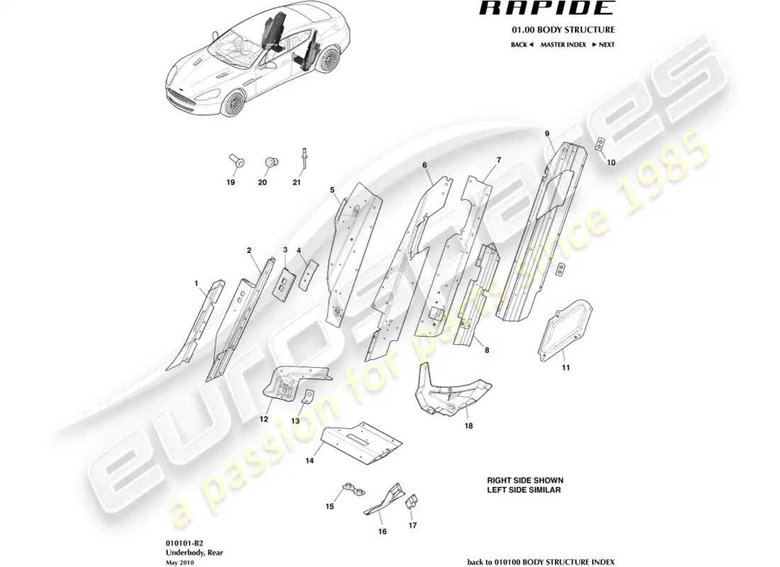 aston martin rapide (2018) diagrama de partes traseras y bajos