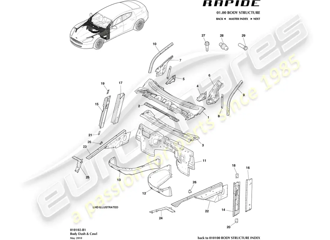 aston martin rapide (2018) carrocería y capó diagrama de piezas
