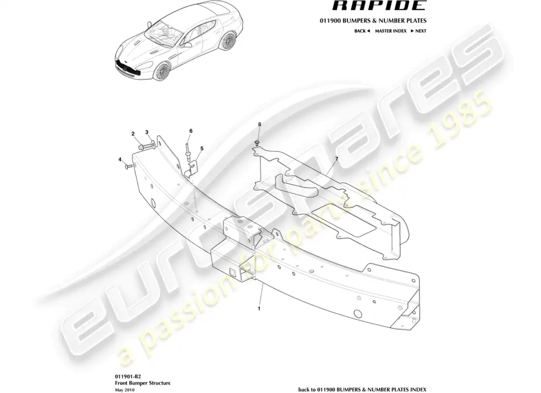 aston martin rapide (2017) estructura del parachoques delantero diagrama de piezas