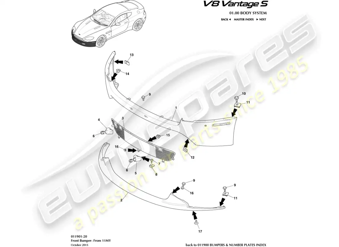 aston martin v8 vantage (2008) parachoques delantero, 12.25my en y v8s diagrama de piezas