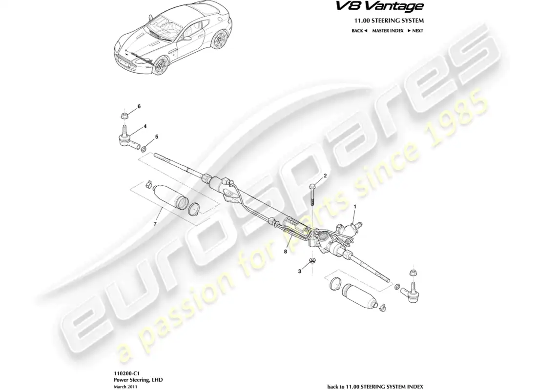 aston martin v8 vantage (2008) diagrama de piezas de dirección asistida, lhd