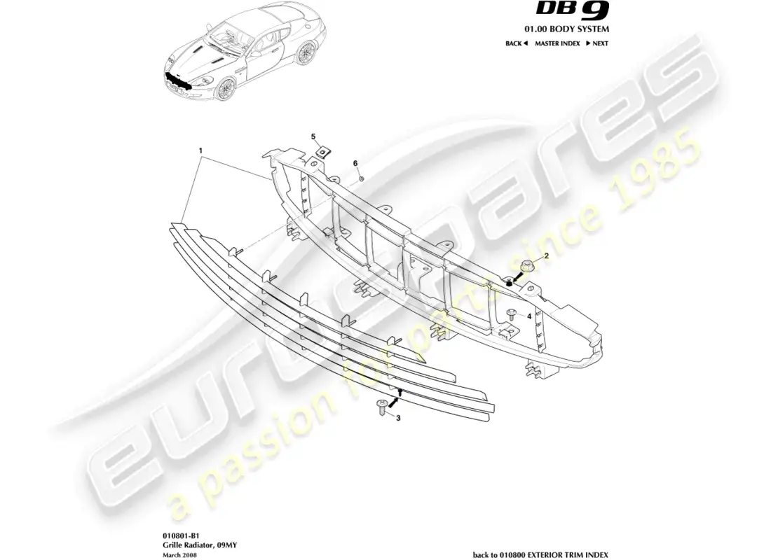aston martin db9 (2007) rejilla del radiador, 09my diagrama de piezas