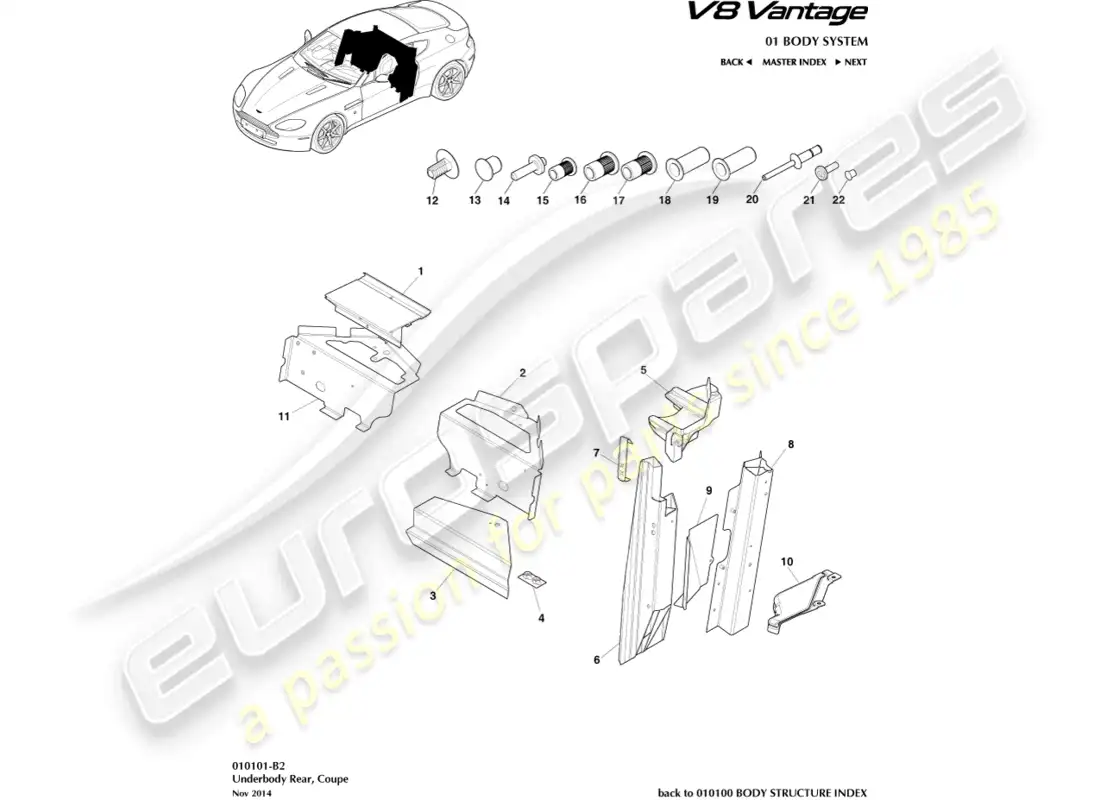 aston martin v8 vantage (2008) diagrama de piezas del cupé, parte trasera de la parte inferior de la carrocería