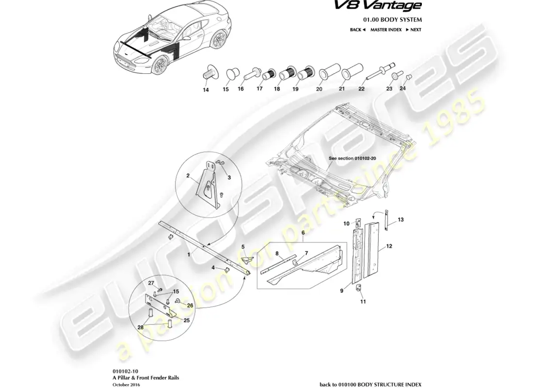 aston martin v8 vantage (2008) diagrama de piezas de pilar y rieles de guardabarros