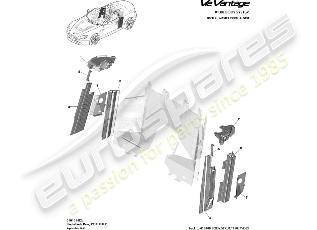 aston martin v12 vantage (2013) diagrama de piezas del roadster, parte trasera de la parte inferior de la carrocería