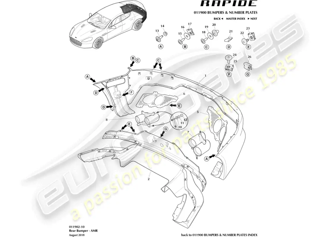 aston martin rapide (2013) parachoques trasero, amr diagrama de piezas