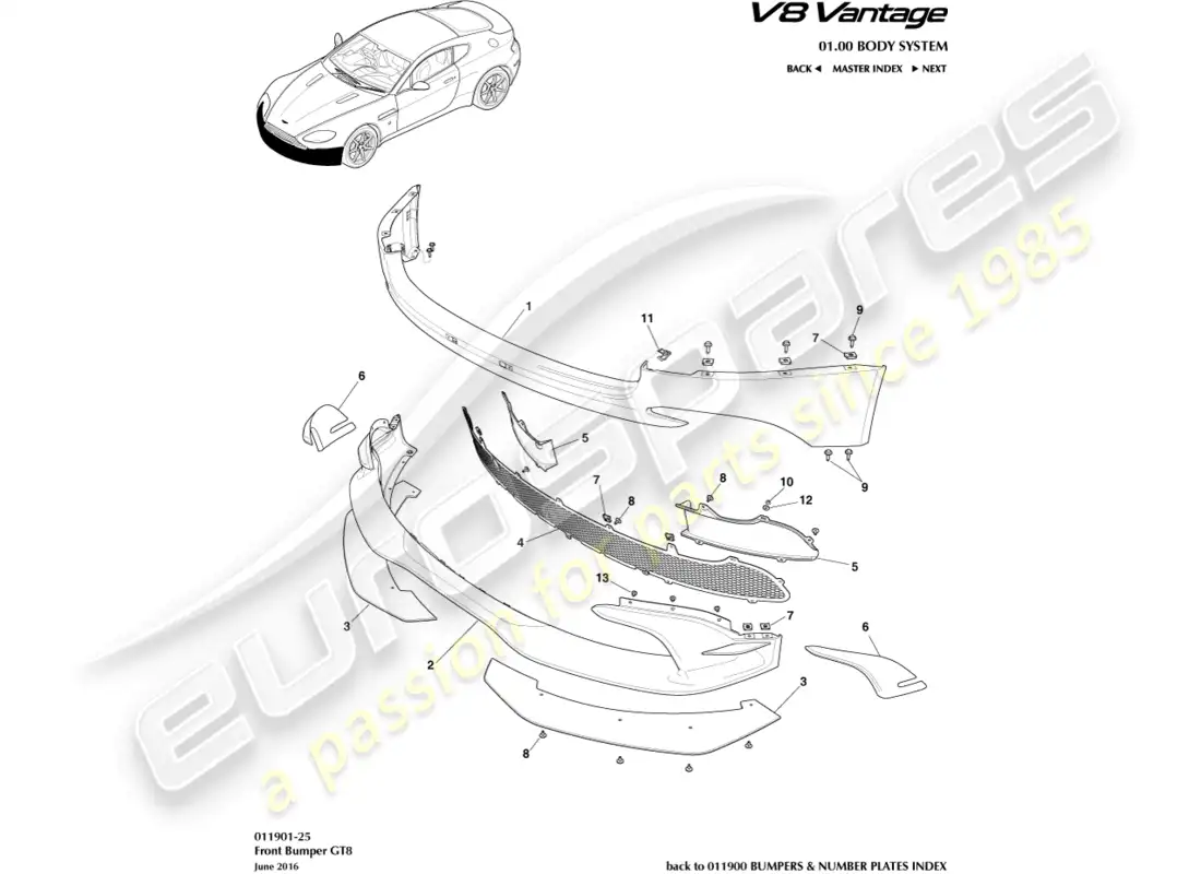 aston martin v8 vantage (2008) parachoques delantero, diagrama de pieza gt8